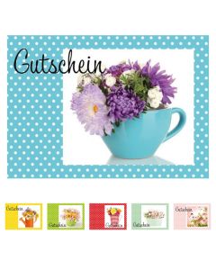 40x Gutscheinkarte Pünktchen, verschiedene Blumen-Motive und Farben