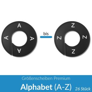 Größenscheiben Premium schwarz, Druck weiß Alphabet (A-Z)