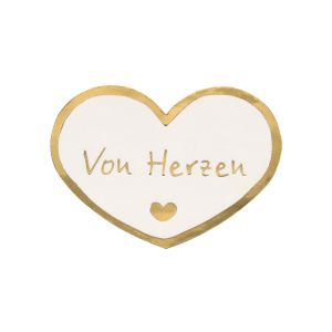 Herzetiketten 32x24mm weiß mit Druck in glanzgold "Von Herzen geschenkt"