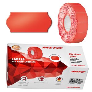 Meto Wellenrand Etiketten für Preisauszeichner 26x12 mm leuchtrot. Etikettenrollen / Rollen. Optimal für Auszeichner Meto 626