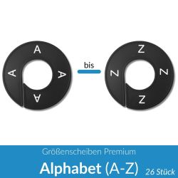 Größenscheiben Premium schwarz, Druck weiß Alphabet (A-Z)