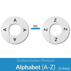 Größenscheiben Premium weiß, Druck schwarz Alphabet (A-Z)