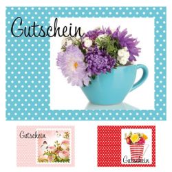 40x Gutscheinkarte Pünktchen, verschiedene Blumen-Motive und Farben