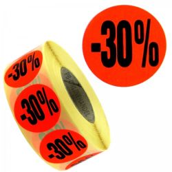 Aktionsetiketten leuchtrot 32mm rund  " -30 % "