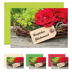 10x Mini- Grußkarte rote Rose, verschiedene Umschlagfarben