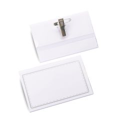 Namensschilder 90x58mm mit Klammer und Nadel beschriftet